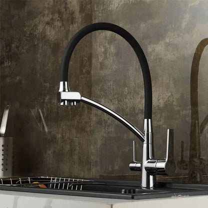 Modern chrome and black deck mounted kitchen faucet with pull down spout flexible black rubber hose and dual handles decorbites black deck