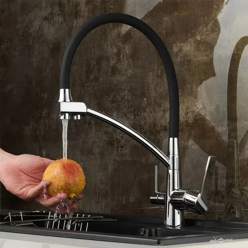Modern chrome and black decorbites black deck mounted kitchen faucet with flexible pull down spout and spray head