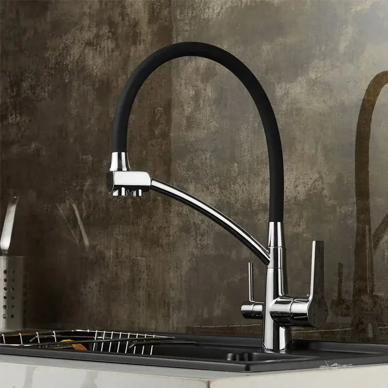 Modern chrome and black decorbites black deck mounted kitchen faucet with dual handles and flexible pull down spout
