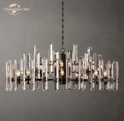 Modern chrome black metal crystal chandelier with clear glass rods and dark frame for bedroom decorbites brass chrome