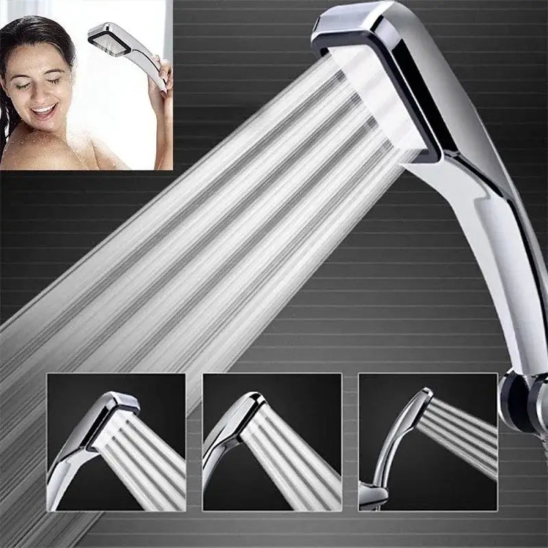 Modern chrome and black rainfall shower head with sleek curved design and multiple spray settings for bathroom use
