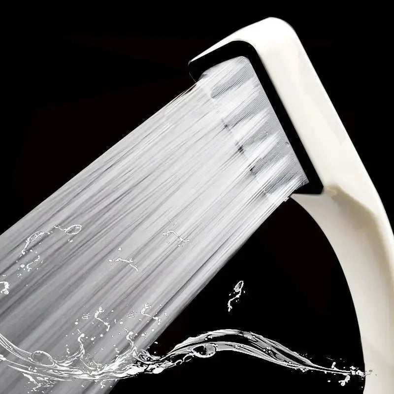 Modern chrome and black rainfall shower head with sleek curved design and multiple water streams flowing downward