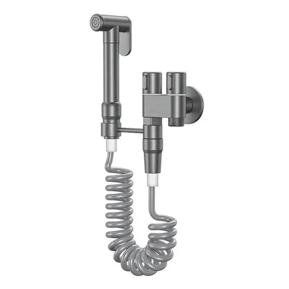 Modern chrome brass bidet set with gray metallic wall-mounted handheld sprayer coiled hose and dual control valves decorbites brass bidet