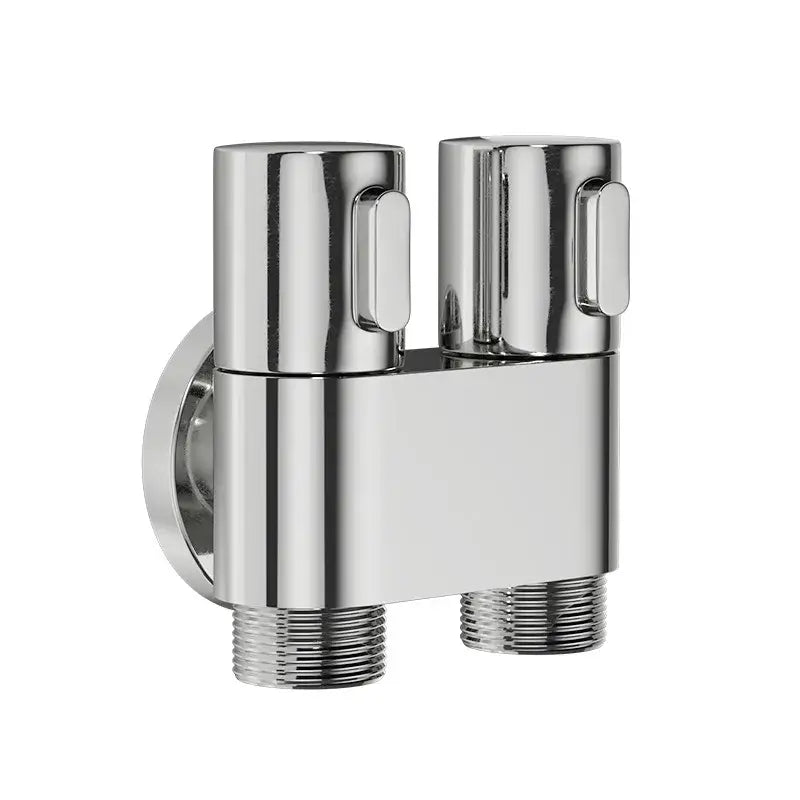 Modern chrome brass bidet set with dual-handle faucet featuring sleek cylindrical handles and threaded pipe connections
