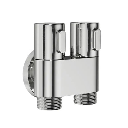 Modern chrome brass bidet set with dual-handle faucet featuring sleek cylindrical handles and threaded pipe connections