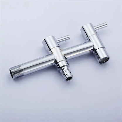 Modern chrome brass double handle garden faucet with shiny chrome finish and threaded connections for outdoor and laundry use