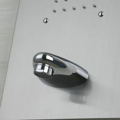 Modern chrome brass shower column with massage jets featuring a sleek curved chrome-finished showerhead with multiple nozzles