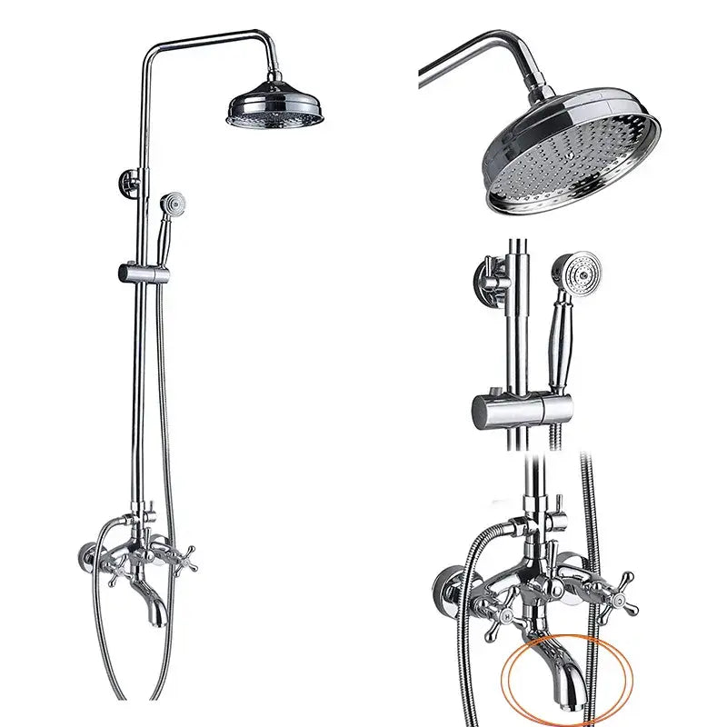 Modern chrome brass shower mixer with dual handle cross-shaped handles and curved spout for bathroom use