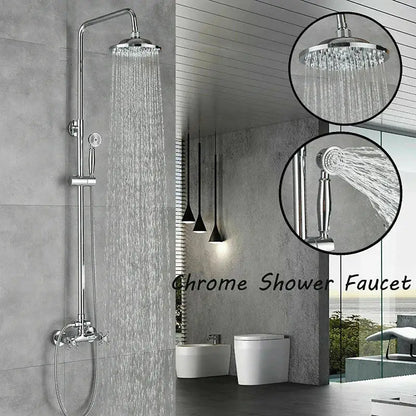 Modern chrome brass shower mixer with dual handle rainfall head and handheld spray nozzle for bathroom use