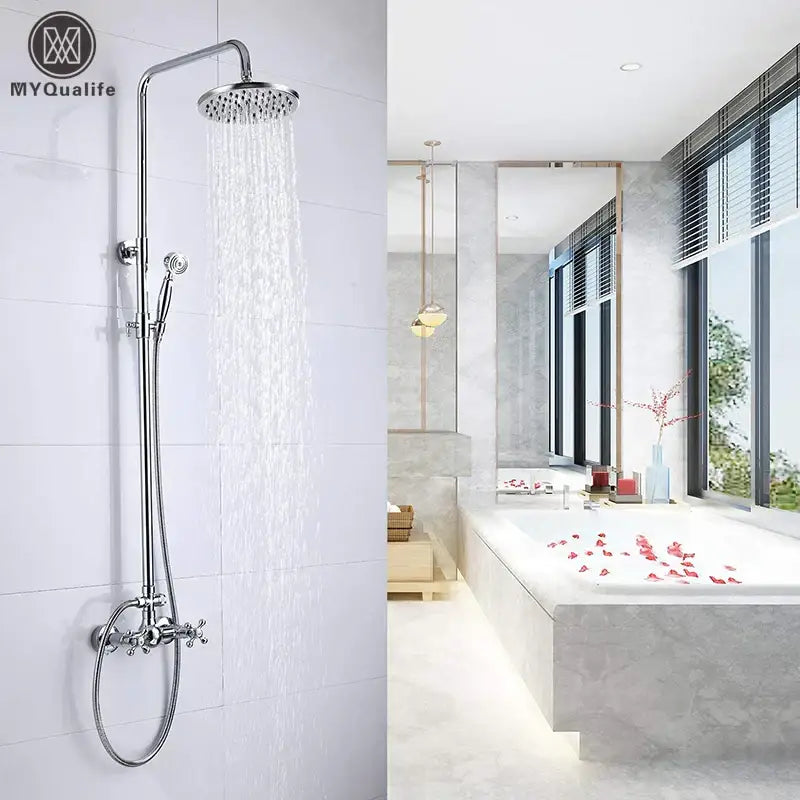 Modern chrome brass shower mixer with dual handle stainless steel rainfall head and handheld nozzle system for bathroom use