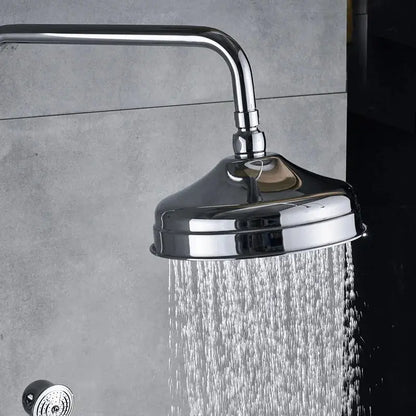 Modern chrome brass shower mixer with dual handle and round rainfall showerhead with visible water spray