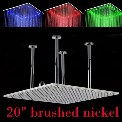 Modern chrome and brushed nickel 20-inch rainfall shower head with led lighting in blue red and green for bathroom use