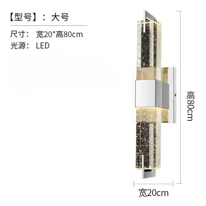 Modern chrome bubble crystal led wall lamp with vertical clear acrylic panels filled with golden glitter and black speckles