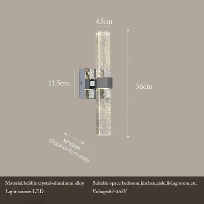 Modern chrome bubble crystal led wall lamp featuring a sparkling bubble crystal cylinder and aluminum alloy bracket