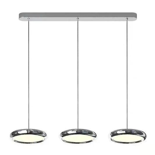 Modern chrome circular dining pendant led light fixture with three illuminated bulbs for kitchen decorbites circular dining
