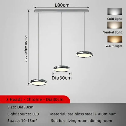 Modern chrome circular dining pendant led light with three 30cm diameter heads for kitchen decorbites circular dining