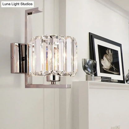 Modern chrome wall lamp featuring clear crystal drum prisms designed for bedroom sconce use 220v-240v 110v-120v