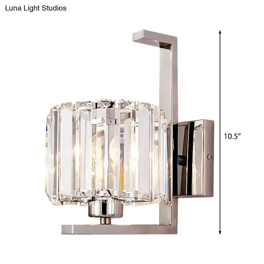 Modern chrome wall lamp with clear crystal drum panels designed for 220v-240v and 110v-120v bedroom sconce lighting