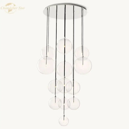 Modern chrome clear glass globe cluster chandelier with cascading clear glass spheres for elegant living room decorbites lighting