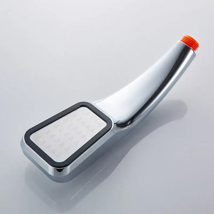 Modern chrome contemporary shower head handheld spray with rectangular nozzles and orange threaded cap for pressure boost