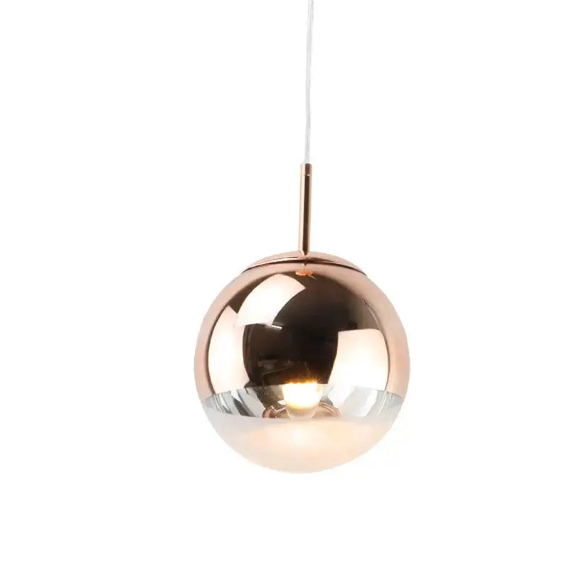 Modern chrome and copper glass ball led pendant light with reflective rose gold and frosted glass for dining room
