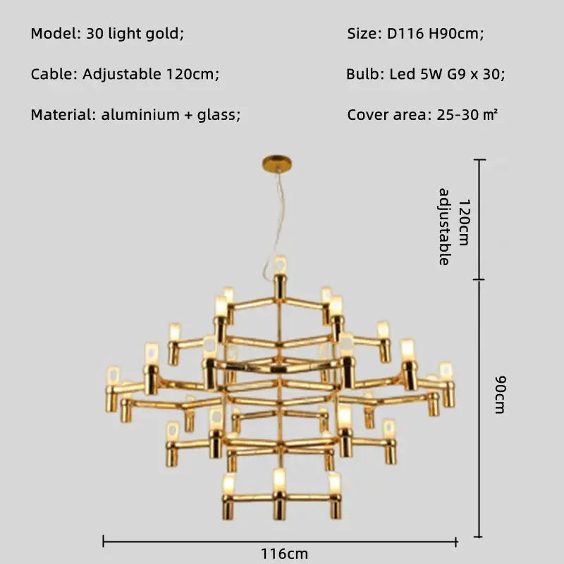 Modern chrome crown major chandelier 30-light gold aluminum and glass multi-tiered kitchen light decorbites crown major