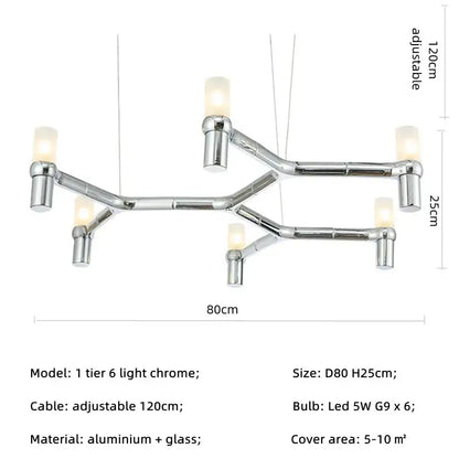 Modern chrome crown major chandelier with chrome-finished aluminum frame six warm glowing LED bulbs and glass shades