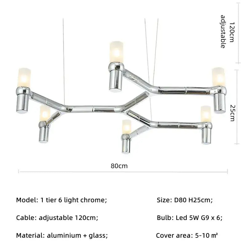 Modern chrome crown major chandelier with chrome-finished aluminum frame six warm glowing LED bulbs and glass shades