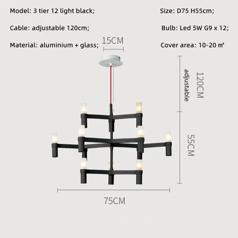 Black three-tier decorbites crown major chandelier with 12 led lights made of aluminum and glass for modern kitchen lighting