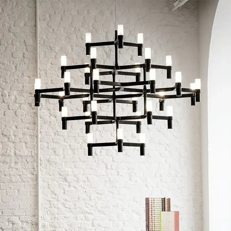 Black geometric multi tiered decorbites crown major chandelier with illuminated cylindrical lights for modern kitchen decor