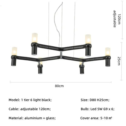 Modern chrome crown major chandelier featuring a black two-tier aluminum and glass design with six warm led bulbs decorbites crown major