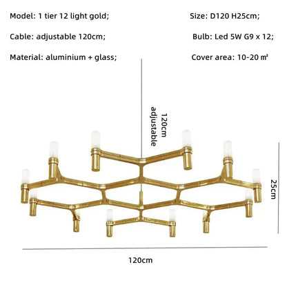 Modern chrome crown major chandelier with gold-toned geometric honeycomb design made of aluminum and glass decorbites crown major