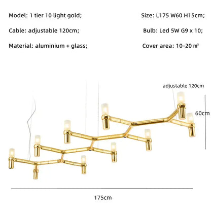 Modern chrome crown major chandelier with gold-colored bamboo-inspired design made of aluminum and glass by decorbites crown major