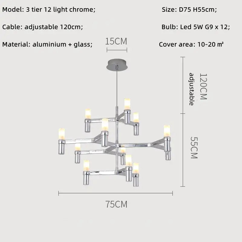 Modern chrome crown major chandelier with three tiers 12 led lights and glass shades for kitchen decorbites crown major