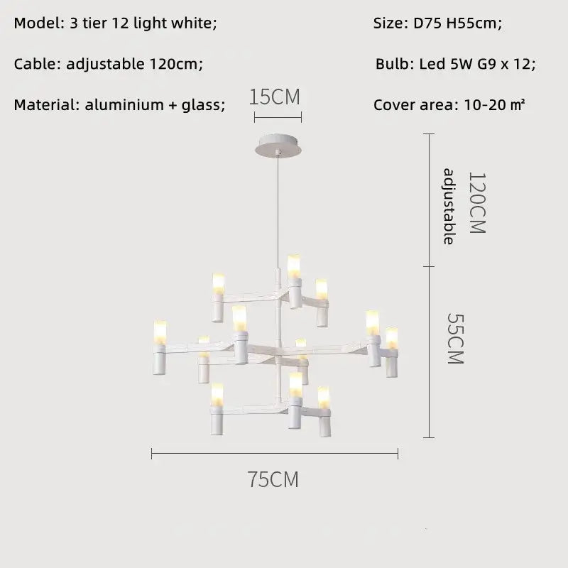 Modern chrome crown major chandelier with white three-tier design featuring aluminum and glass for kitchen lighting decorbites crown major