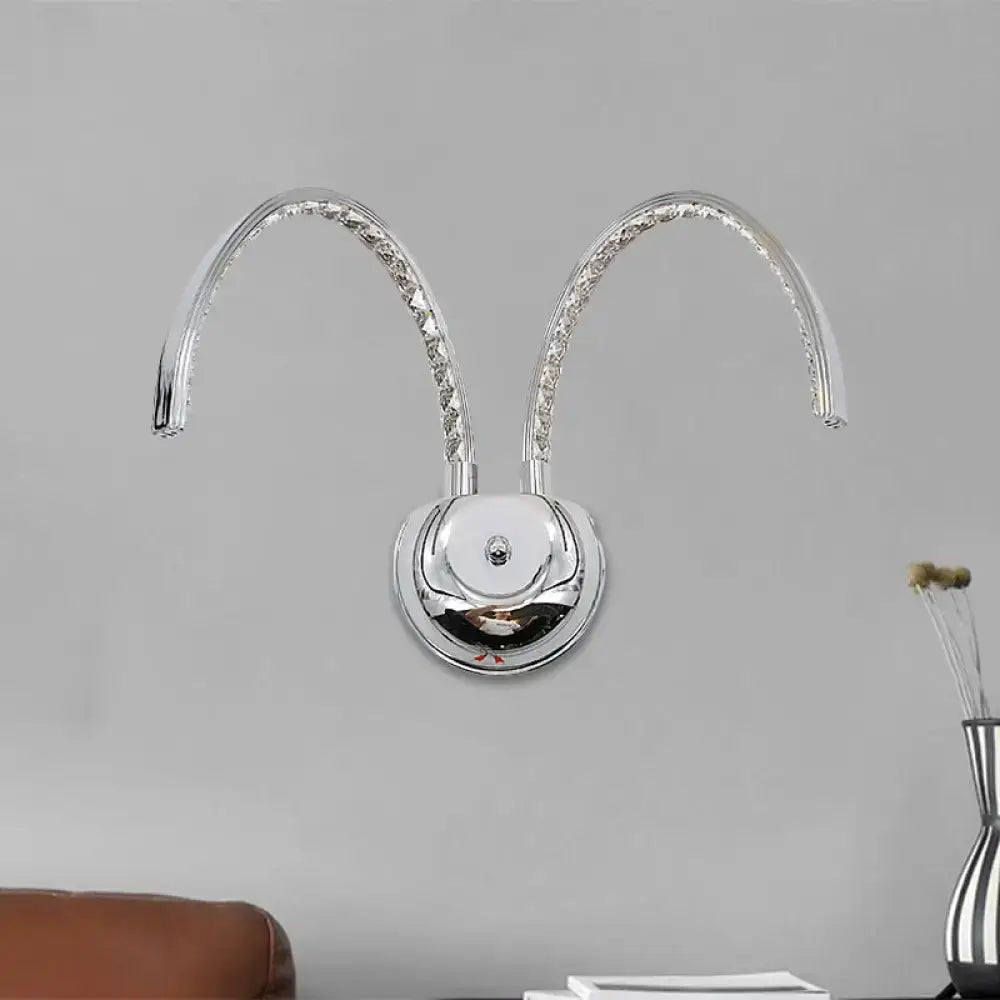Modern chrome crystal arch wall sconce with two curved arms and warm white light for 110v-120v and 220v-240v use
