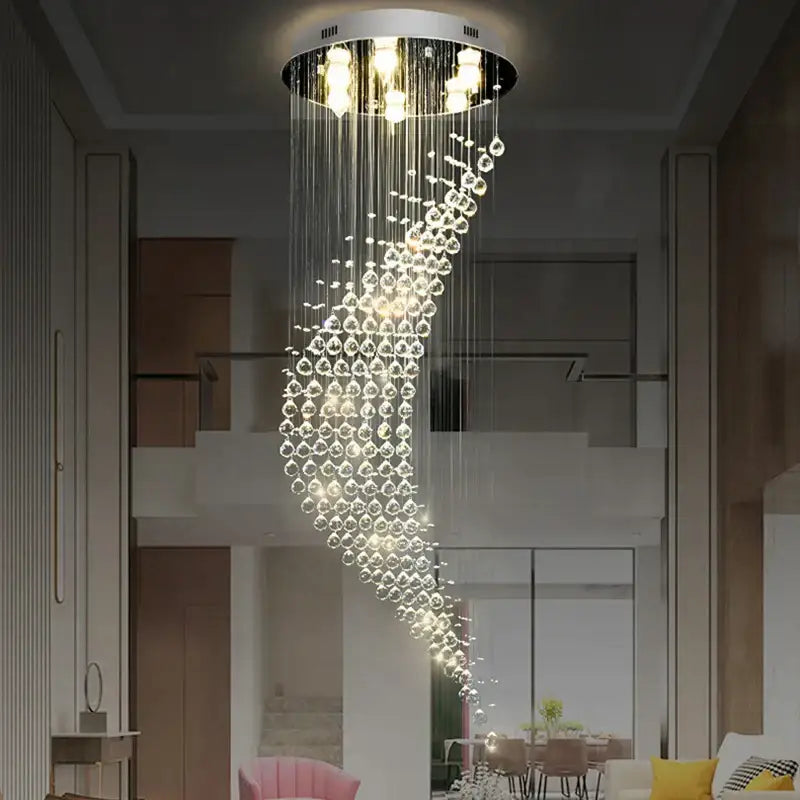 Modern chrome crystal ball spiral chandelier with clear crystal droplets and circular ceiling mount for dining room decorbites crystal ball