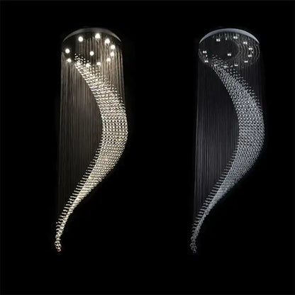 Two elegant chrome crystal ball spiral chandeliers with cascading clear glass beads and led lights for dining room decorbites crystal ball