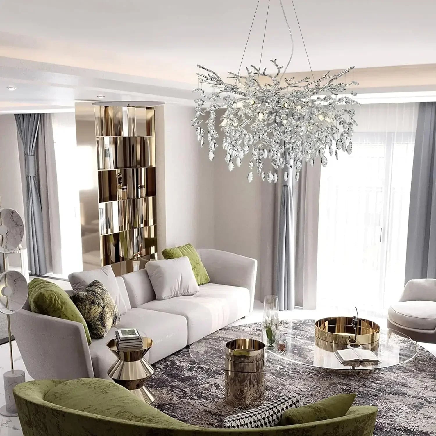 Modern chrome branch crystal chandelier with teardrop accents for living room bedroom dining kitchen fixture
