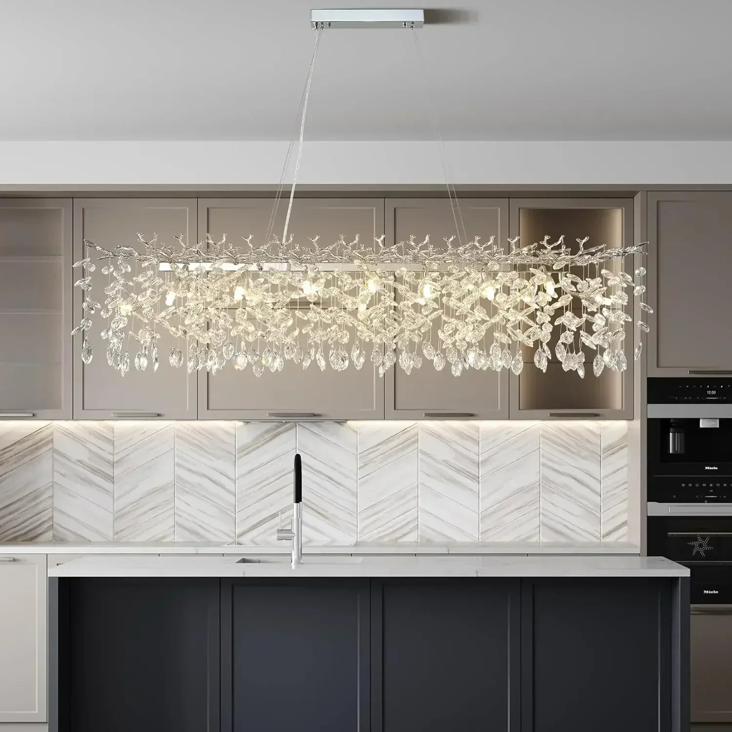A modern chrome branch crystal chandelier with clear crystal droplets for living room bedroom ceiling fixture