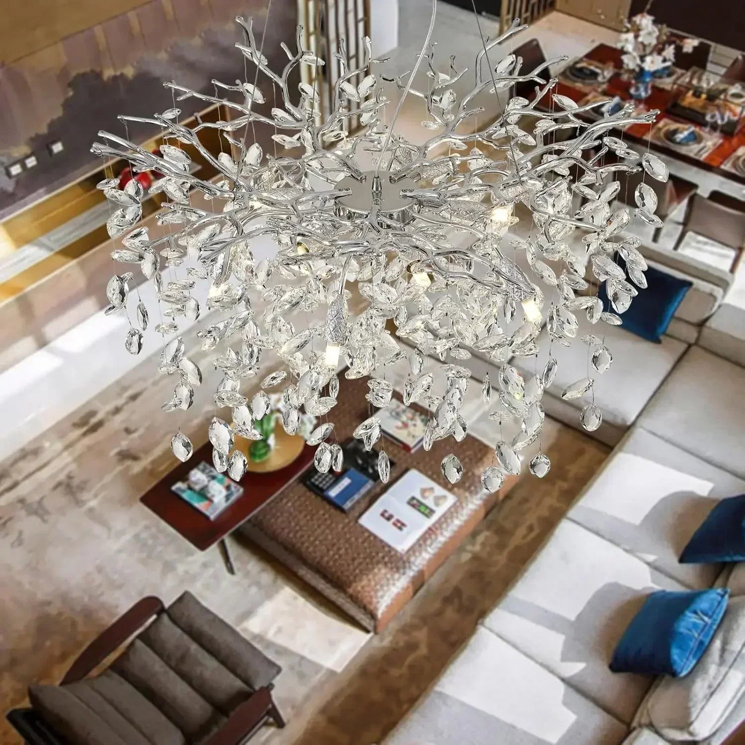 Modern chrome branch crystal chandelier with clear crystal leaves and metallic stems for living room bedroom lighting