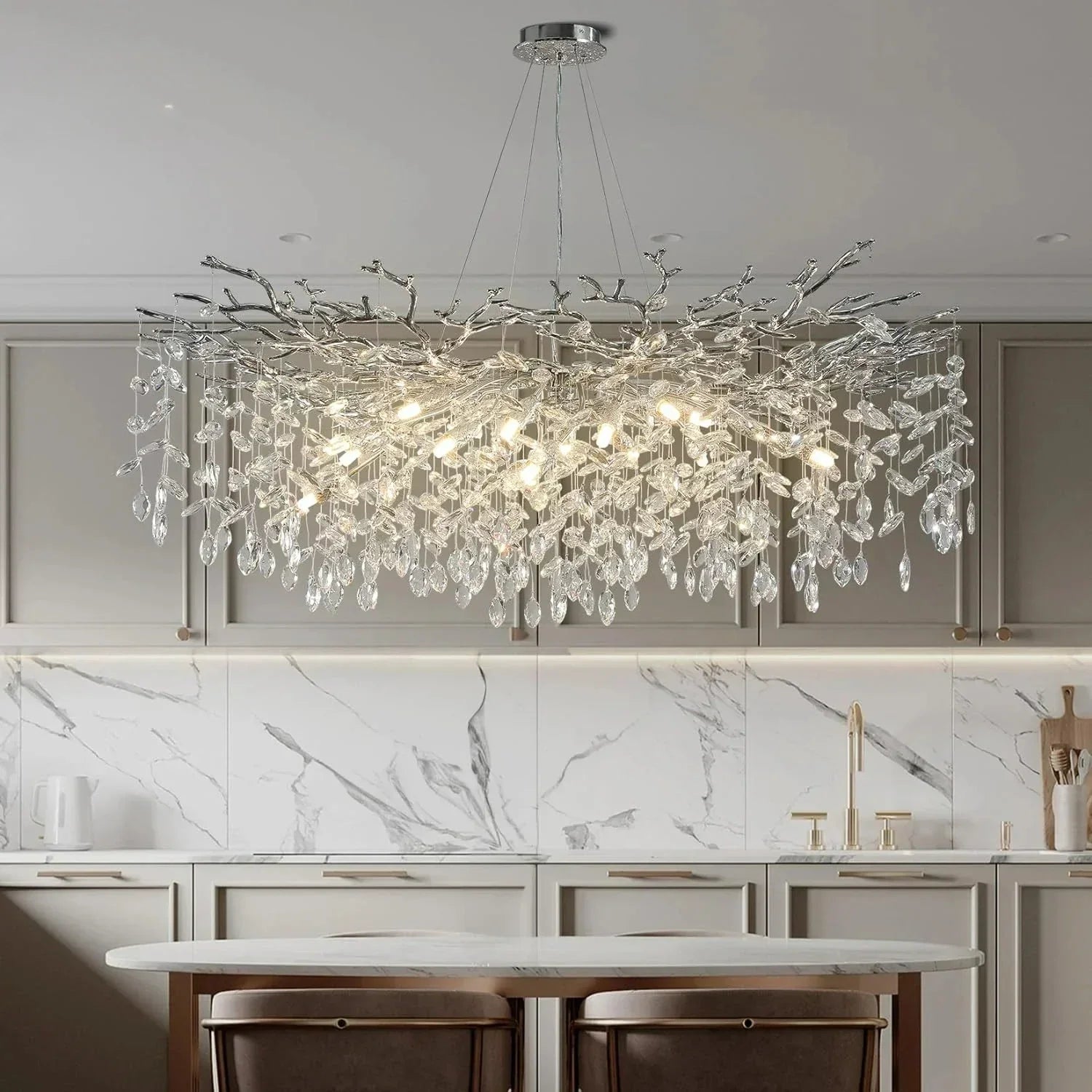 Modern chrome branch crystal chandelier with silver-toned frame and teardrop crystals for living room bedroom lighting