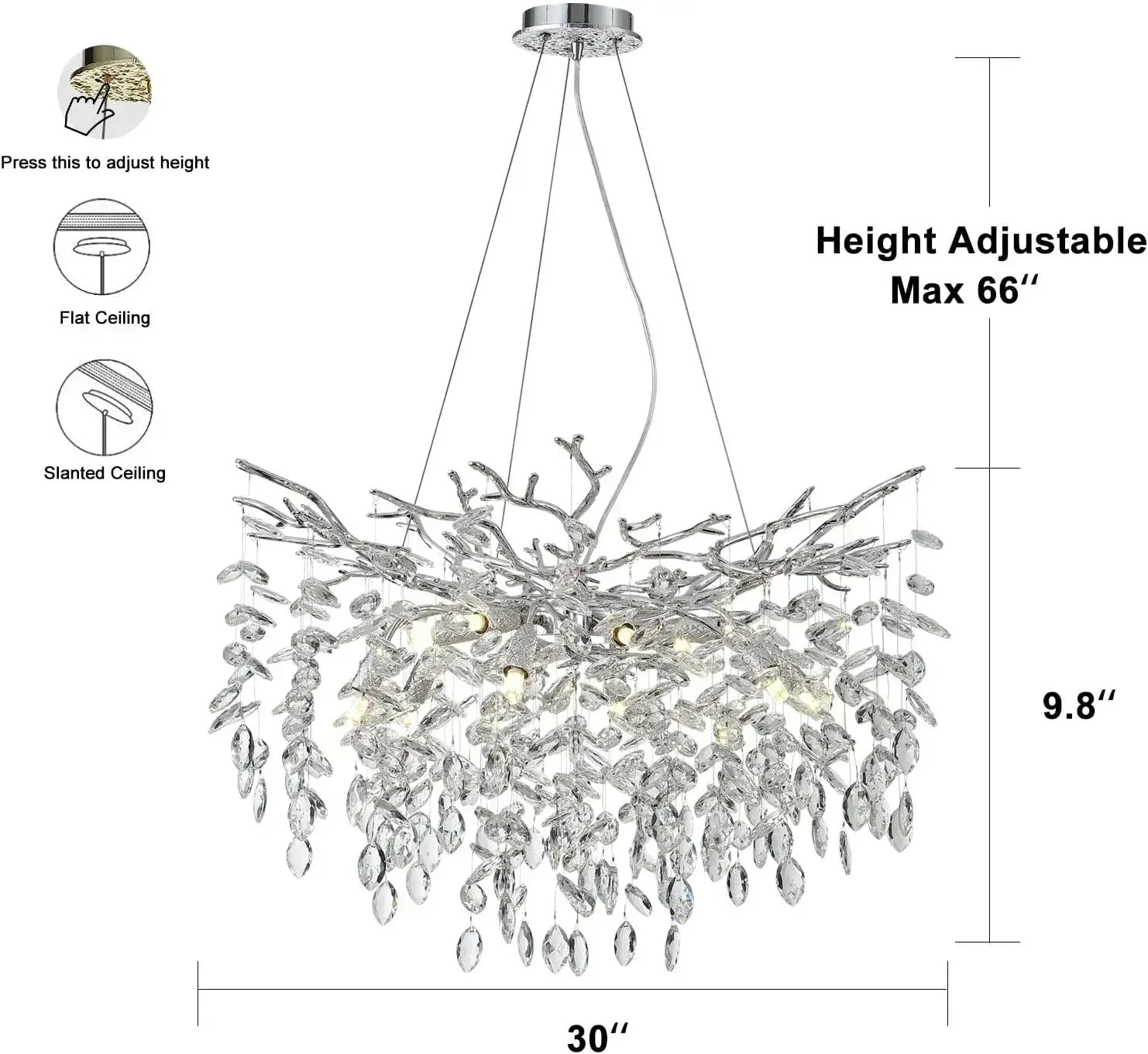 Modern chrome branch crystal chandelier with silver-toned branching design and clear crystals for living room bedroom lighting