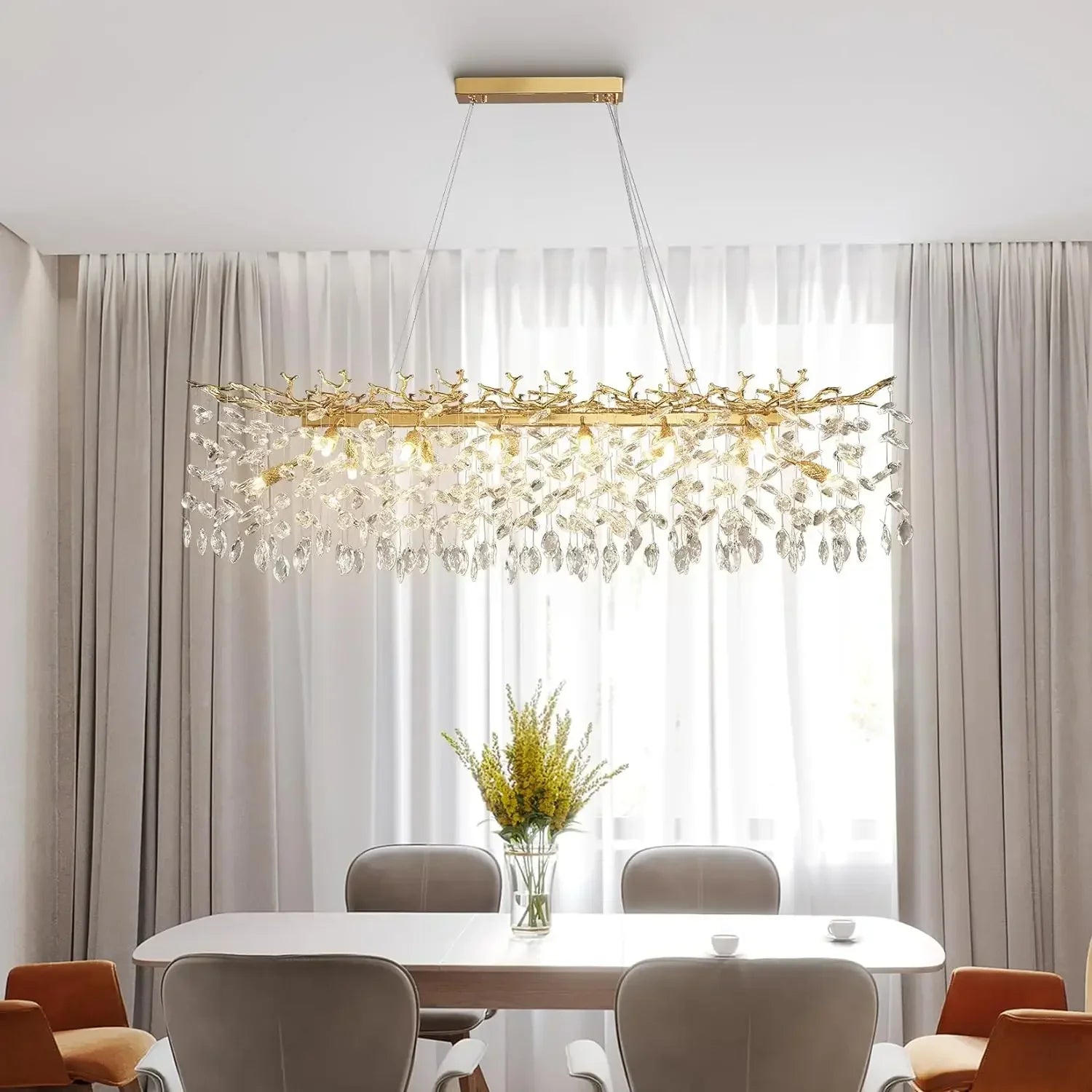 Gold-toned branch crystal chandelier with dangling crystal leaves for living room bedroom kitchen ceiling fixture