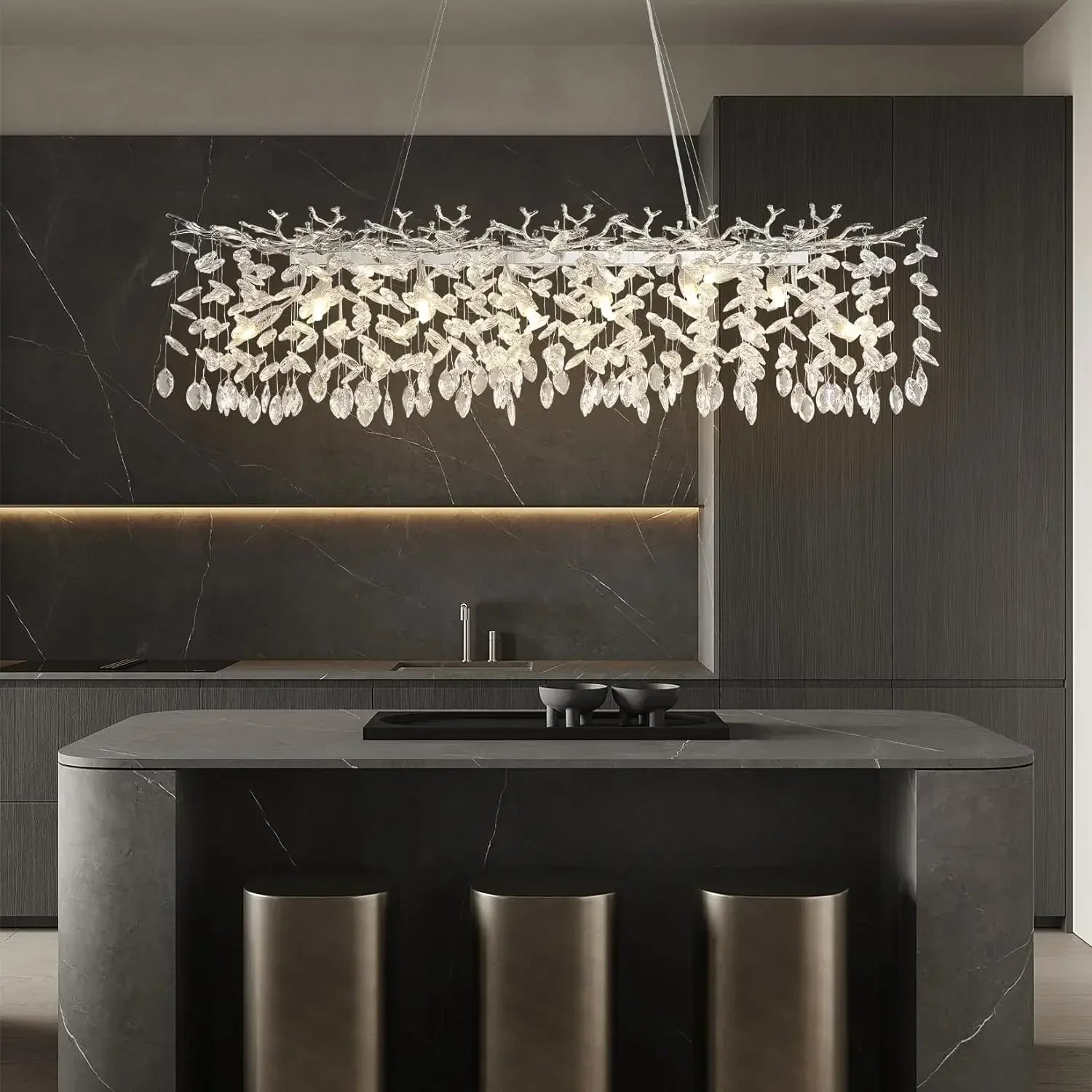 Modern chrome branch crystal chandelier with hanging crystal leaves for living room bedroom dining kitchen fixture