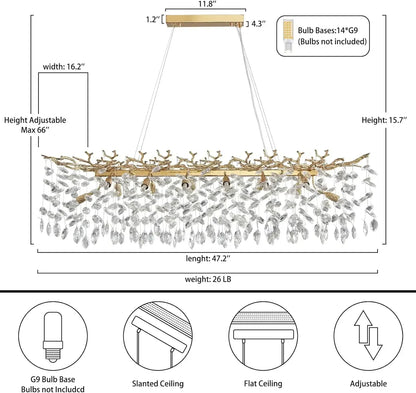 Gold-toned modern branch crystal chandelier with cascading crystal droplets for living room bedroom kitchen fixture