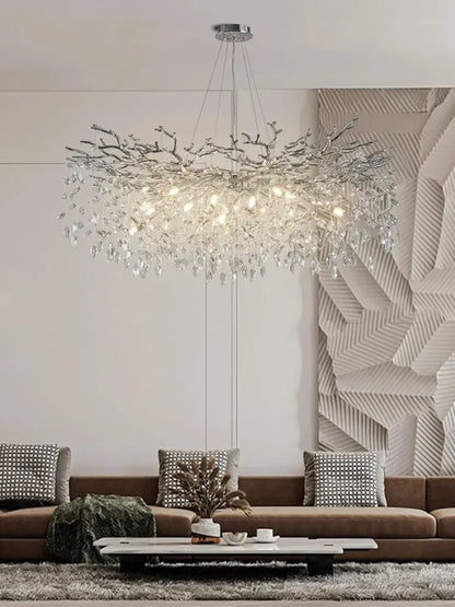 Modern chrome branch crystal chandelier with silver branches and crystal droplets for living room and bedroom