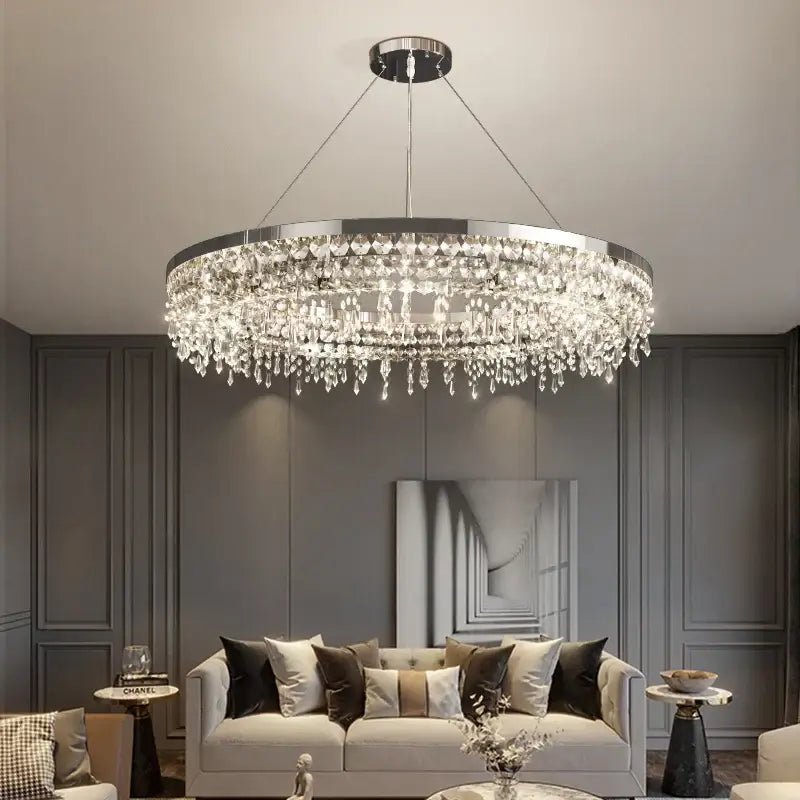 Modern chrome crystal circle led chandelier with sleek frame and cascading droplets for living room decorbites decor
