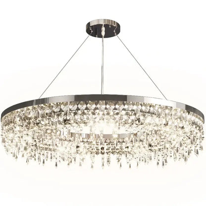 Modern chrome crystal circle led chandelier with polished frame and cascading prisms for living room decorbites crystal circle
