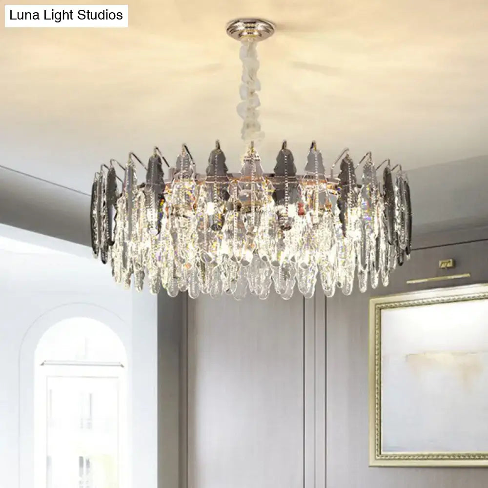 DecorBites modern pendant light with clear and dark gray K9 crystal tiers on a polished chrome 24 inches fixture